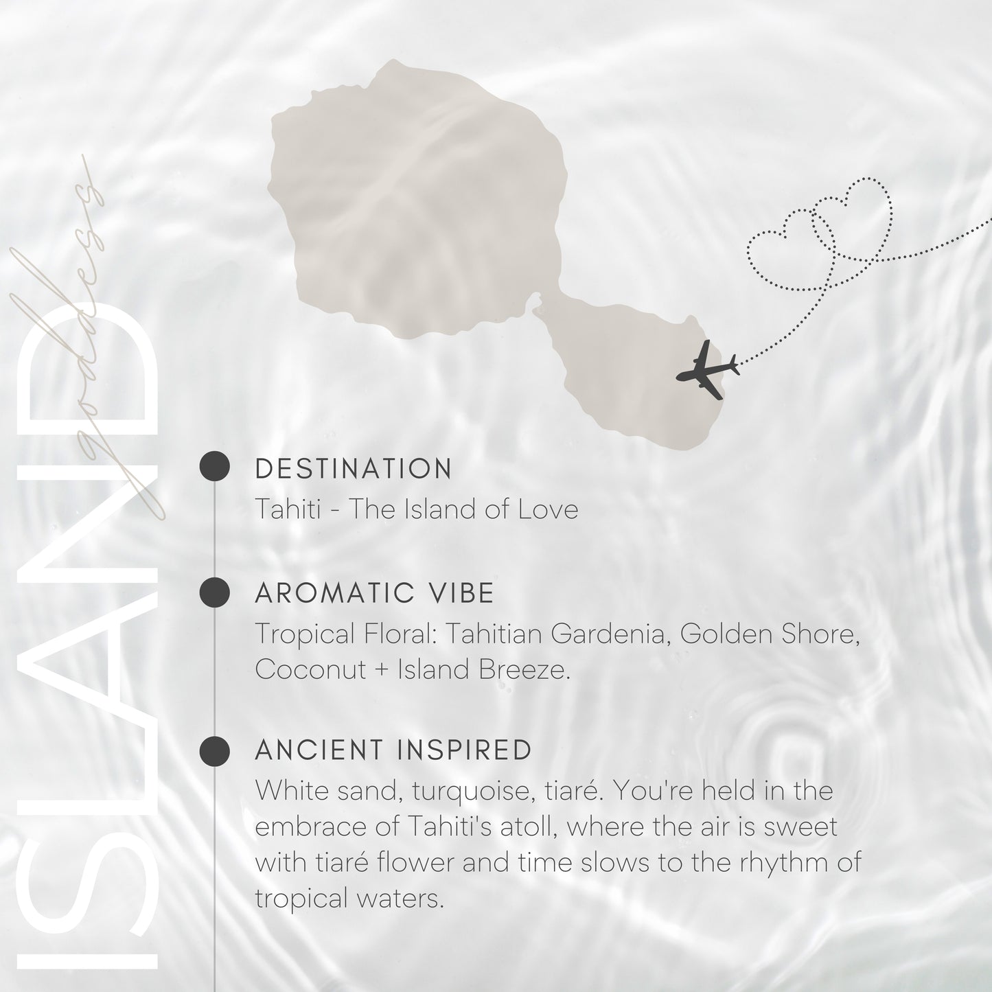 Map of Tahiti with an airplane icon and descriptive text about the island.