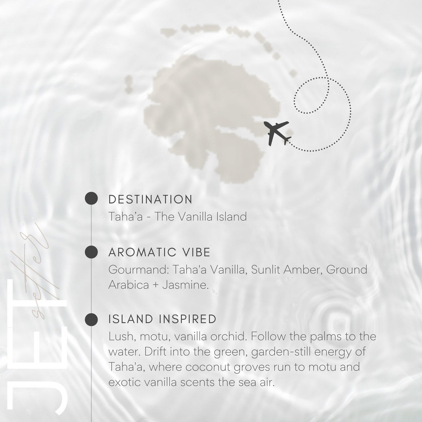 Map of Tahaá with an airplane icon and descriptive text about the vanilla island.