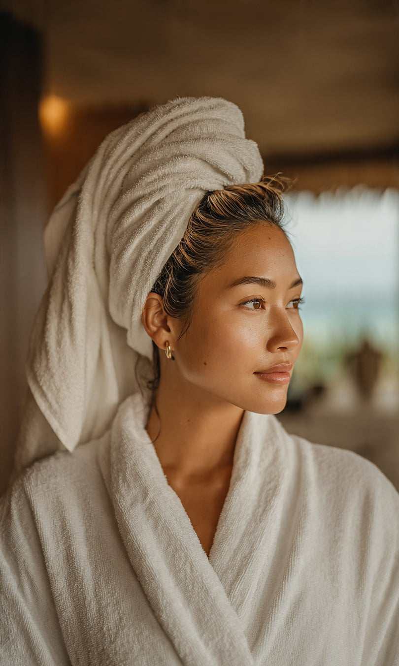 Woman in a white robe with a towel wrapped around her head, looking to the side.