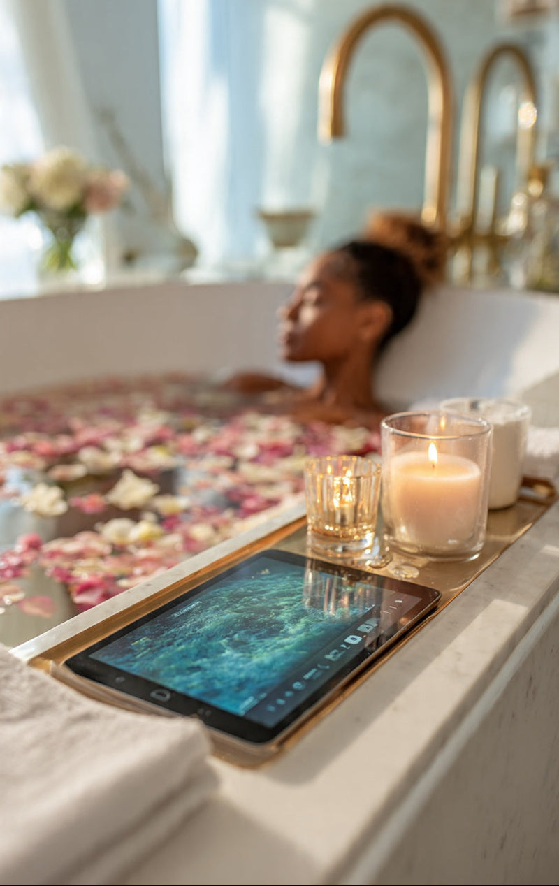 Woman relaxing in a bathtub with candles and a tablet on a tray.