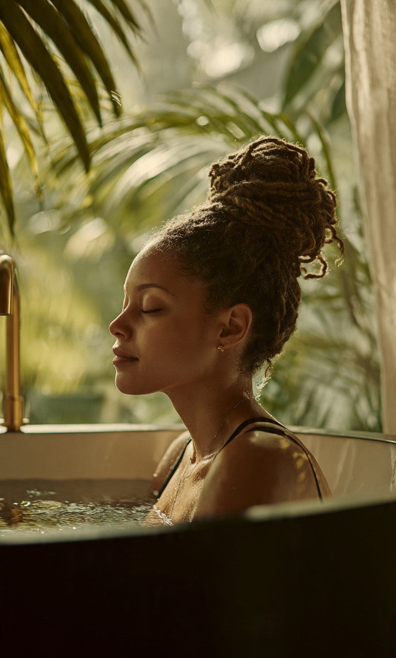 Woman relaxing in a bathtub with greenery in the background
