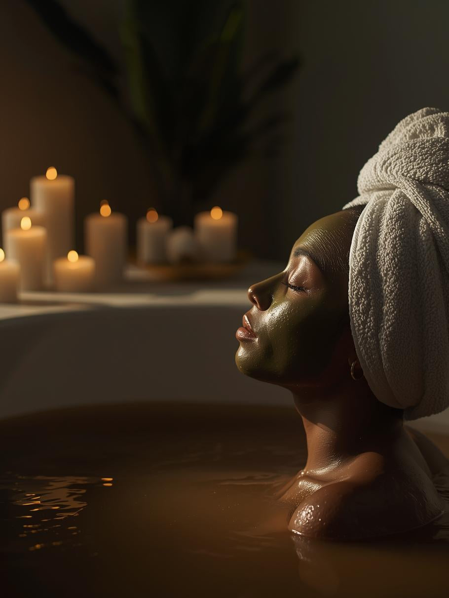 Woman in a bathtub with candles in the background