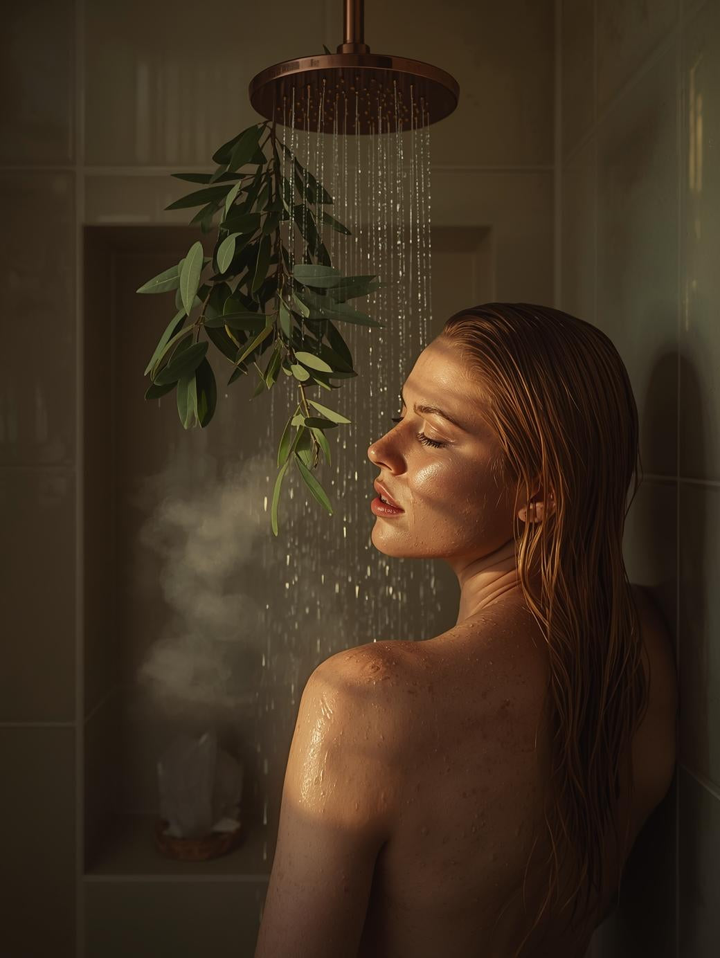 Woman under a shower with steam and leaves, in a warm-toned bathroom.