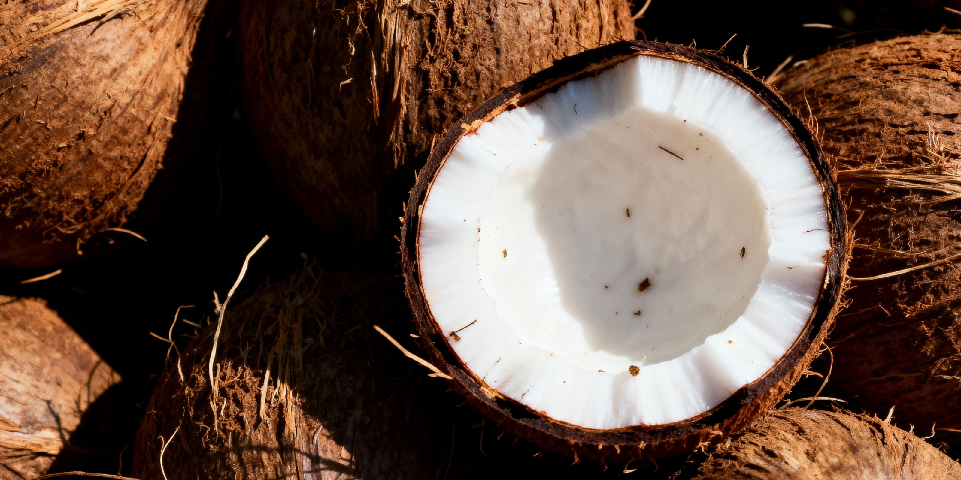Close-up of a coconut with a cracked open husk, showing the white flesh inside.