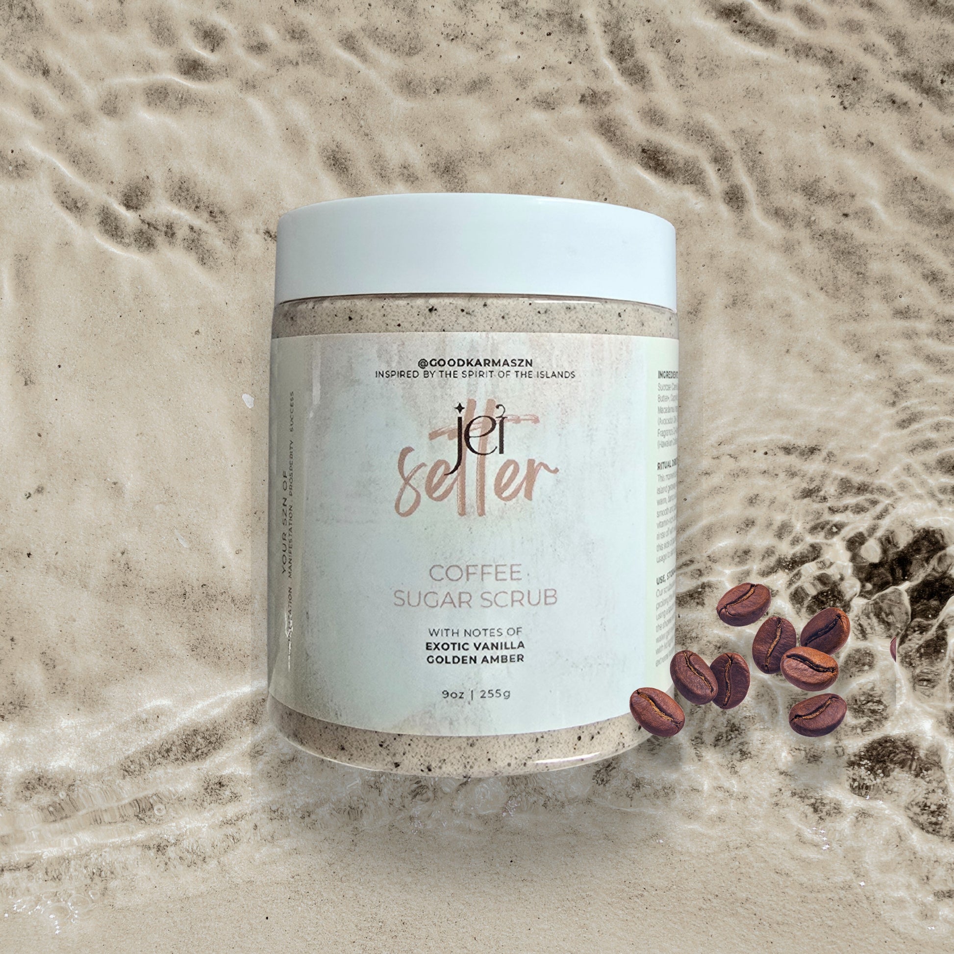 Jar of coffee sugar scrub with coffee beans on a sandy background
