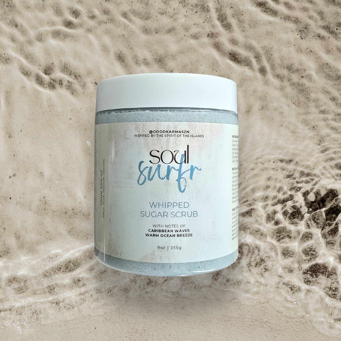 Jar of 'Soul Surfr' whipped sugar scrub on a textured beige background