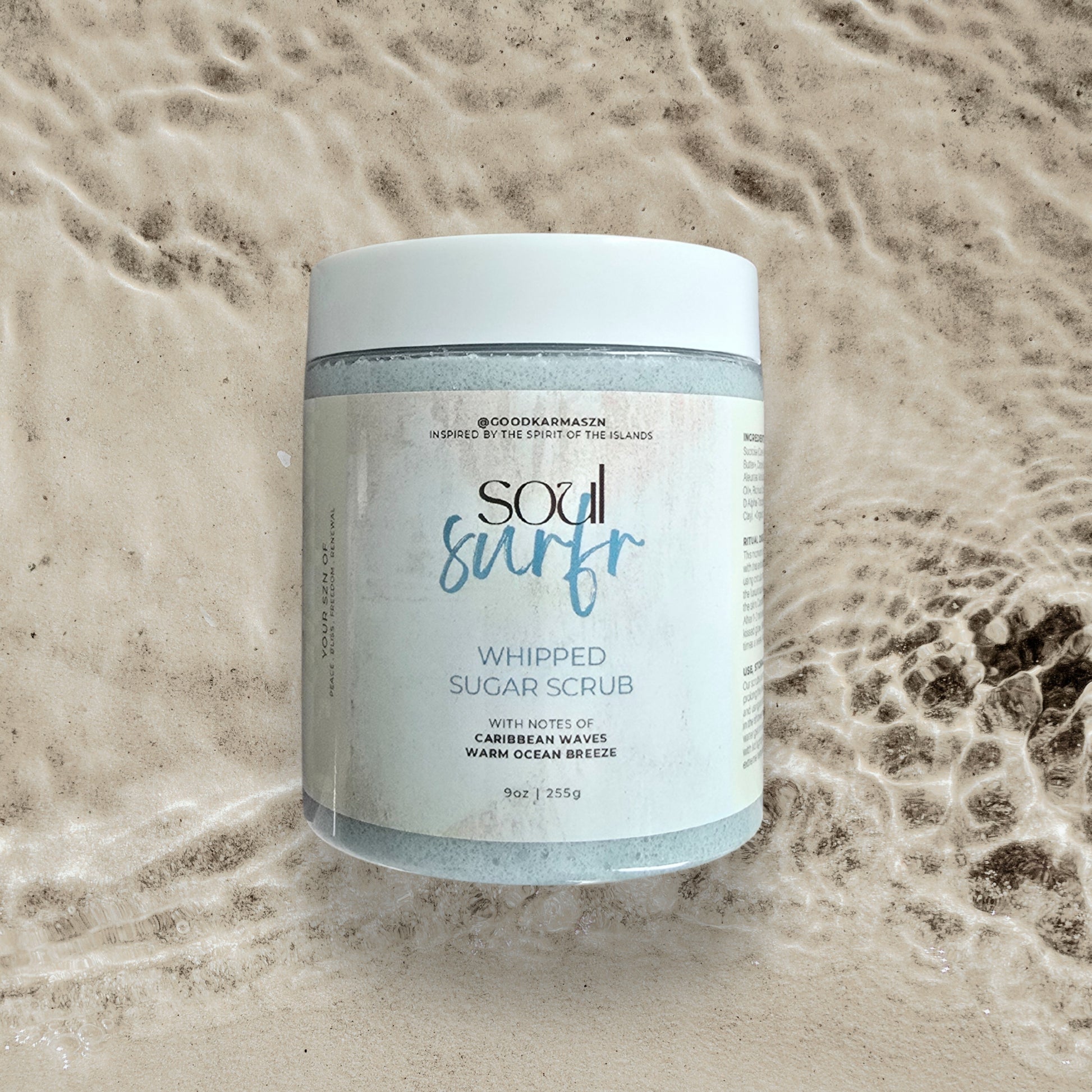 Jar of 'Soul Surfr' whipped sugar scrub on a textured beige background