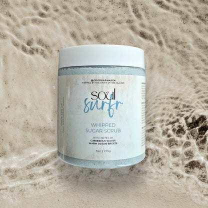 Jar of 'Soul Surfr' whipped sugar scrub on a textured beige background