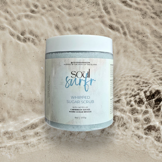 Jar of 'Soul Surfr' whipped sugar scrub on a textured beige background