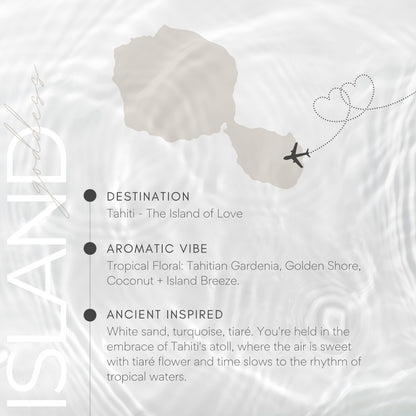 Map of Tahiti with an airplane icon and descriptive text about the island.