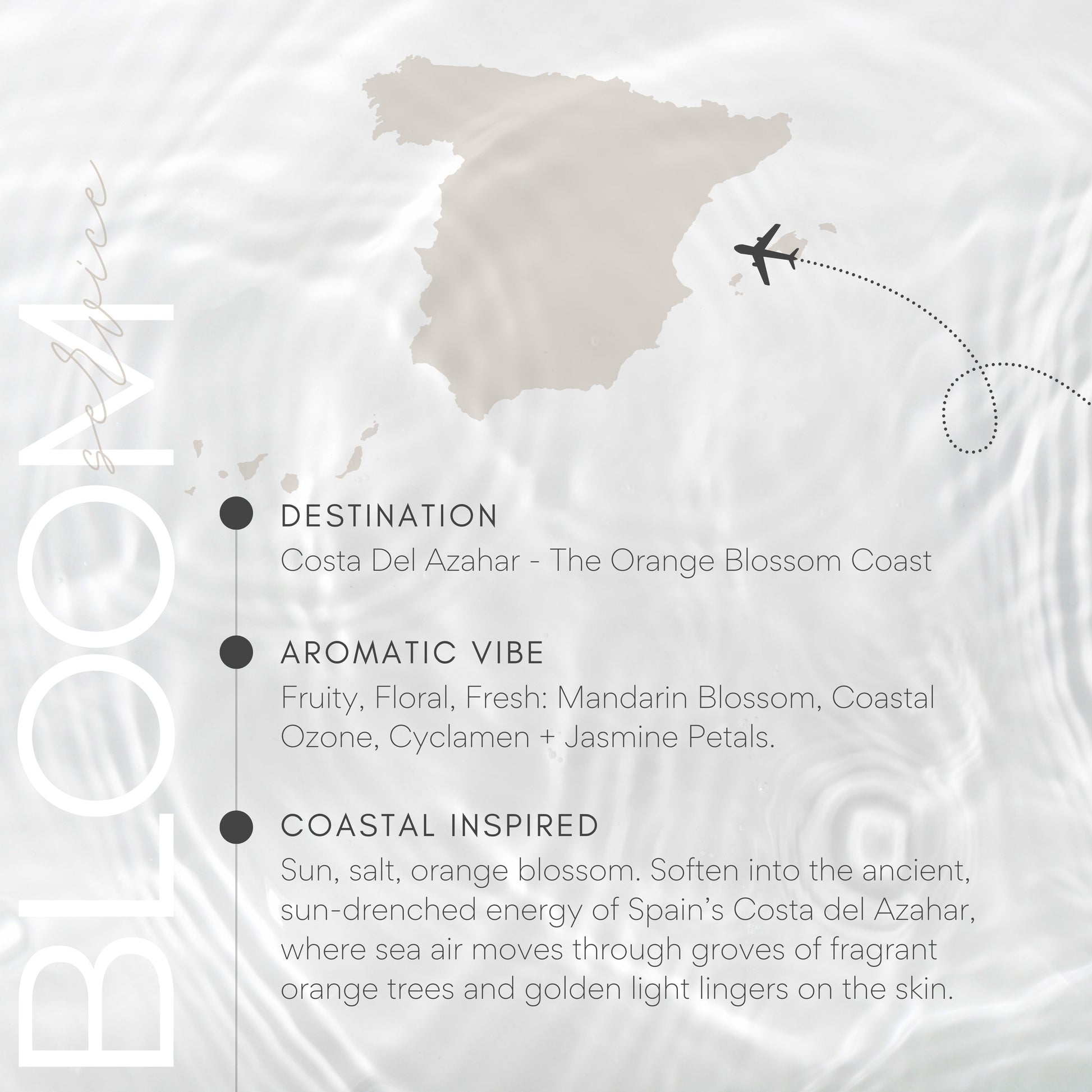 Map of Spain with an airplane icon and descriptive text about Costa Del Azahar.