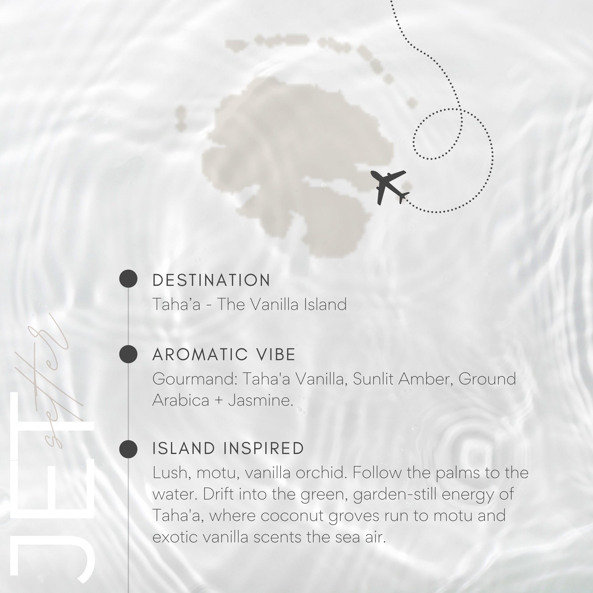 Map of Tahaá with an airplane icon and descriptive text about the vanilla island.