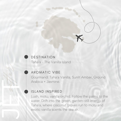 Map of Tahaá with an airplane icon and descriptive text about the vanilla island.