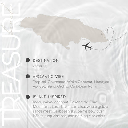 Map of Jamaica with an airplane icon and descriptive text about the island.