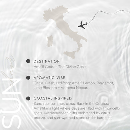 Map of Italy with a plane icon and descriptive text about the Amalfi Coast on a light gray background.